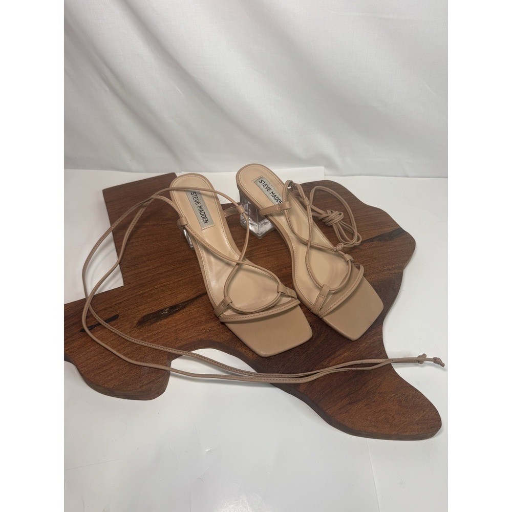 Steve Madden Lavinna Sandals Women's 8 Nude Clear Lucite Heel Lace Up Square Toe